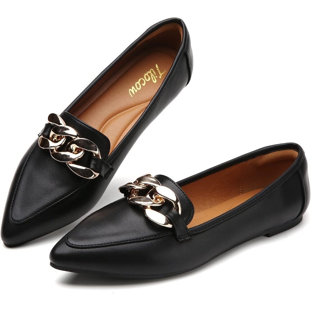 Women's Buckle Chain Slip On Pointed Toe Stylish Black Blats Loafers Shoes - Picture 7 of 7